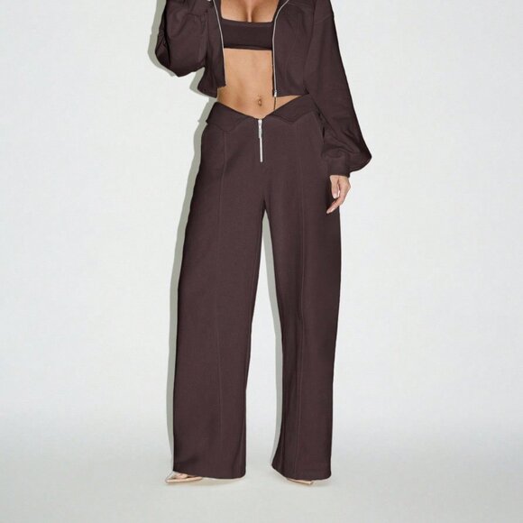 Coffee Brown Women's Casual High Waist Wide Leg Trousers